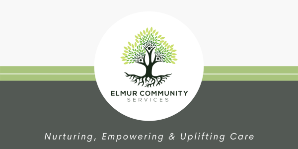 Elmur Community Services slogan image with a white and grey background separated by green horizontal line. Elmur Community Services logo in the middle with company slogan "Nurturing, Empowering & Uplifting Care" below.